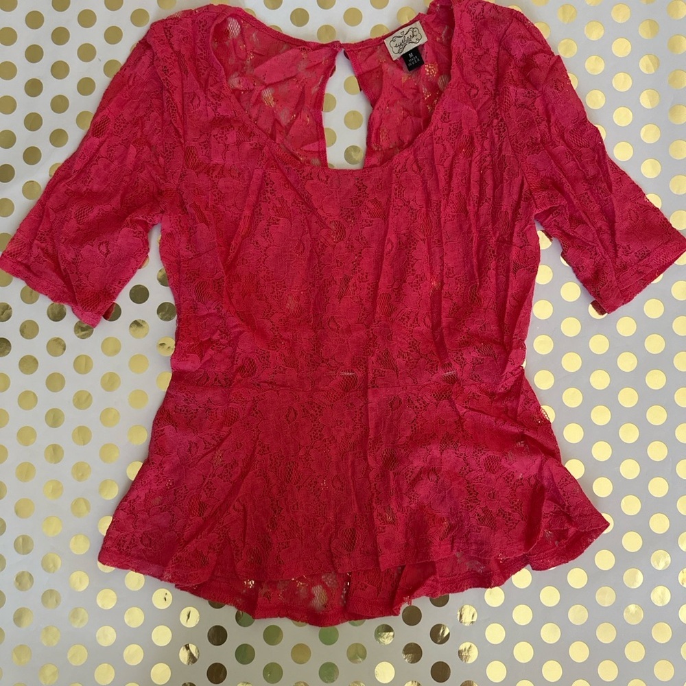 Eyelash Couture Red Peplum Cut Out 3/4 Sleeve Blouse